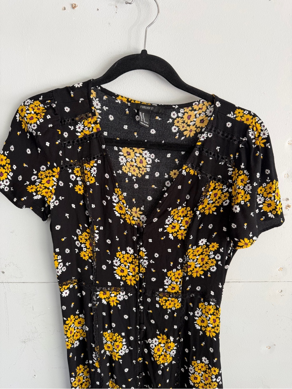 Forever 21 Black Midi Dress with Yellow Floral Print